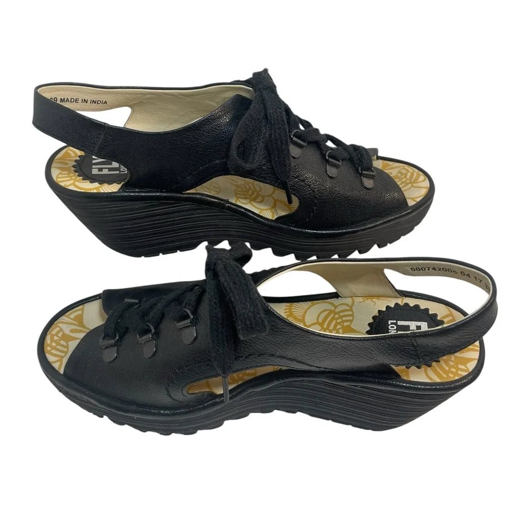 FLY London Ylfa Black Lace-Up Leather Wedge Sandals Women’s Size EUR 39 US 8-8.5